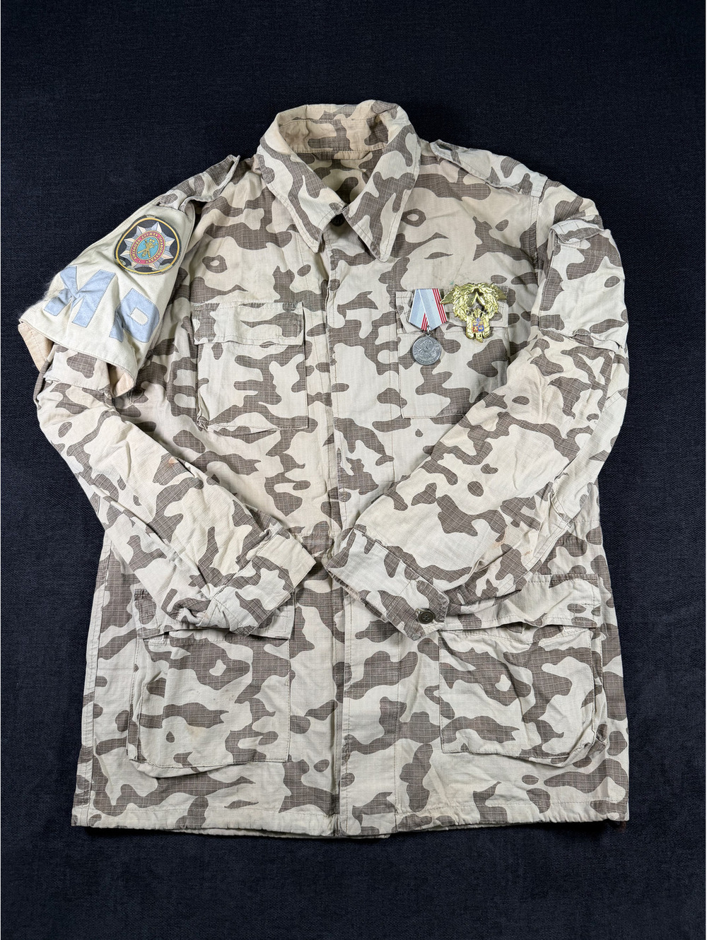 Vintage Military Camouflage Jacket with Medals and MP Armband